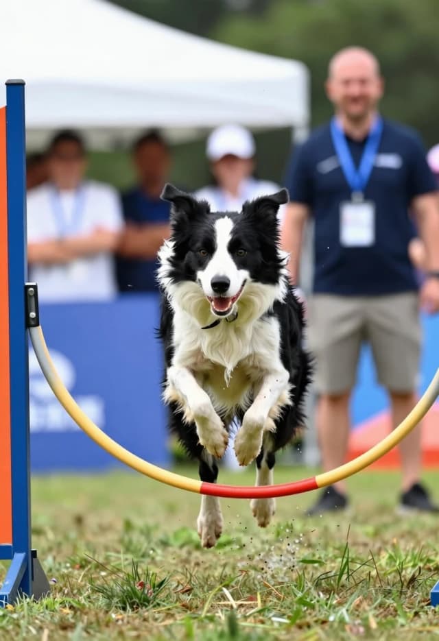 An action-packed, hyper-realistic shot of a Border Collie in the middle of a high-stakes agility competition. The dog is captured in mid-air, leaping through a hoop with incredible precision and focus. Water droplets and blades of grass are flying around, frozen in time. The dog's muscles are tense and defined, its eyes locked on the goal with intense determination. In the blurred background, a cheering crowd and a proud owner are visible. Bright, vivid daylight, high shutter speed effect, capturing every strand of fur and the intensity of the moment. 8k resolution, cinematic sports photography, dynamic composition.