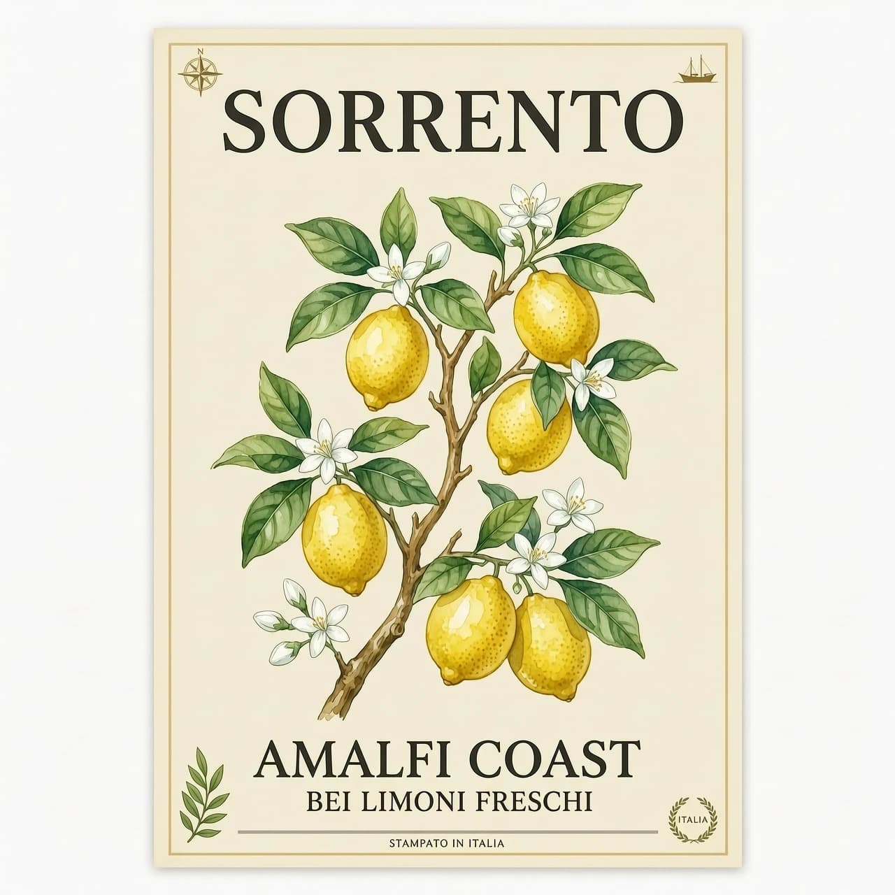 Vintage Italian travel poster, watercolor illustration of a lemon tree branch with ripe yellow lemons, lush green leaves, and delicate white citrus blossoms. Background is clean cream-colored. Top text in bold elegant serif font reads "SORRENTO". Bottom text reads "AMALFI COAST" and "BEI LIMONI FRESCHI" in a smaller serif font. Mediterranean aesthetic, hand-painted texture, soft watercolor washes, botanical art style, minimalist composition, high quality, 4k. https://pin.it/2pMMza0n6