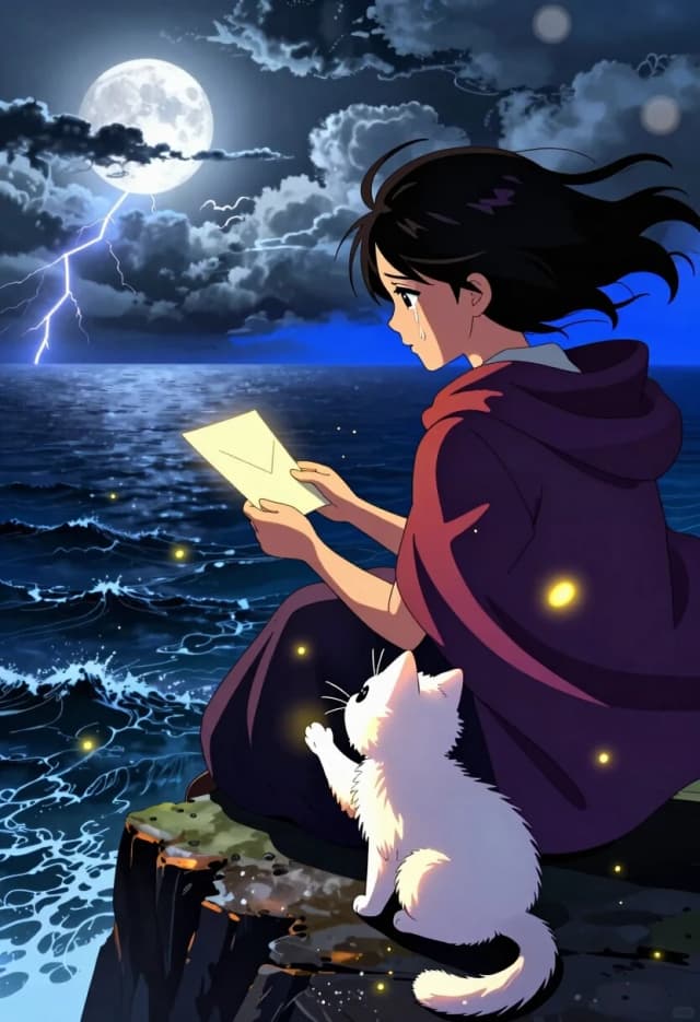 High-energy anime style, bold outlines, cel shading, vibrant saturated colors, dramatic chiaroscuro. A young woman sits alone on the edge of a cliff overlooking a vast, stormy sea. She’s holding a folded letter in her hands, her face turned down, eyes glistening with unshed tears. The wind is blowing her hair and the edges of her cloak, adding motion and emotion to the scene.

In the foreground, a tiny white fluffy kitten is sitting next to her, looking up at her with big, sad eyes. The kitten’s fur is backlit by a single shaft of moonlight that breaks through the clouds, creating a glowing silhouette. The kitten reaches out a tiny paw as if trying to comfort her.

The background is a wide, sweeping view of the sea and sky. The horizon is a thin line of deep blue, fading into a stormy grey sky. Lightning flashes in the distance, illuminating the clouds with a cold blue light. The sea is dark and turbulent, with whitecaps catching the light.

Color palette: deep blues, purples, and greys contrasted with warm golds and oranges in the highlights. The moonlight is cool and silvery, while the woman’s cloak and the kitten’s fur have warm undertones.

Technical: thick clean outlines and cel shading with flat colors and sharp shadow edges. Volumetric moonlight with glowing particles. Fireflies and glowing motes floating in the air. Heavy rim light on the woman and kitten to keep them silhouetted against the dark. Soft bokeh background. Smoke and mist with visible curls. Exaggerated anime expressions but grounded in realistic lighting.