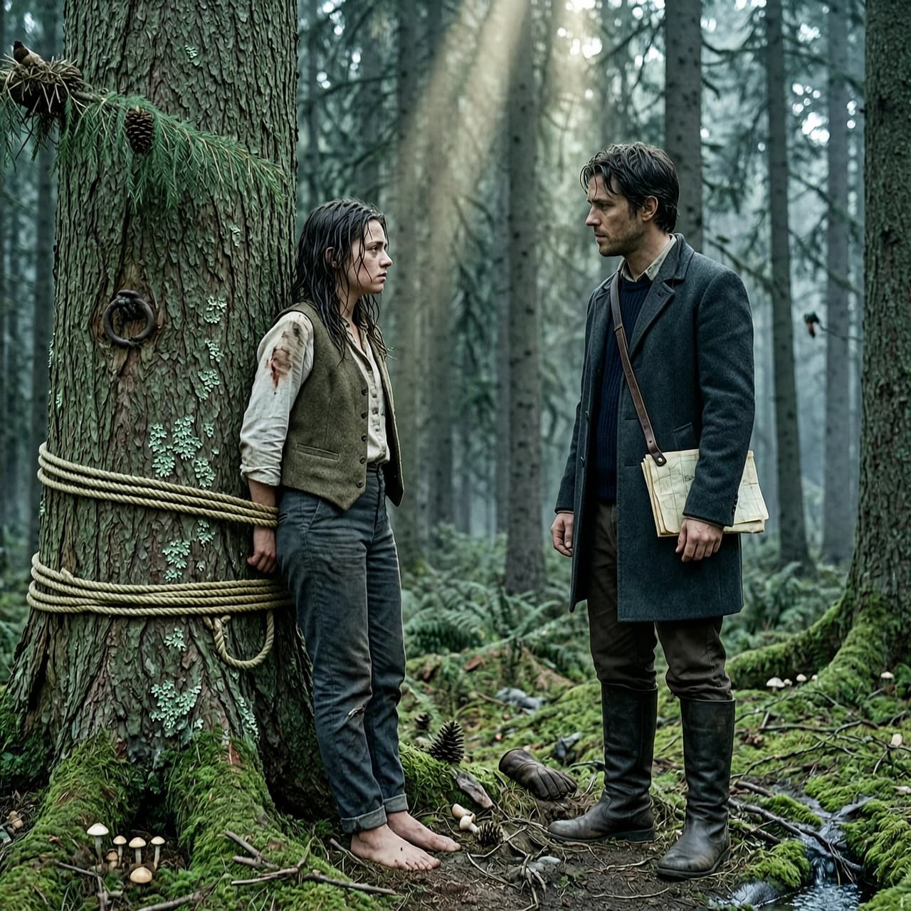 A cinematic medium shot of a confrontation in a gloomy forest. A ragged young woman is tied to a massive spruce tree; she looks exhausted but her eyes still flash with defiance and anger. Opposite her stands Artem, looking at her with a calm, empathetic expression, his gaze reflecting pity and understanding rather than hatred. The distance between them is filled with an unspoken tension. The background is a deep, dark green forest with atmospheric haze and soft, filtered light. Hyper-realistic textures of the rough bark, worn clothing, and the subtle emotions on their faces. 8k resolution, masterpiece, capturing the shift from conflict to empathy.
