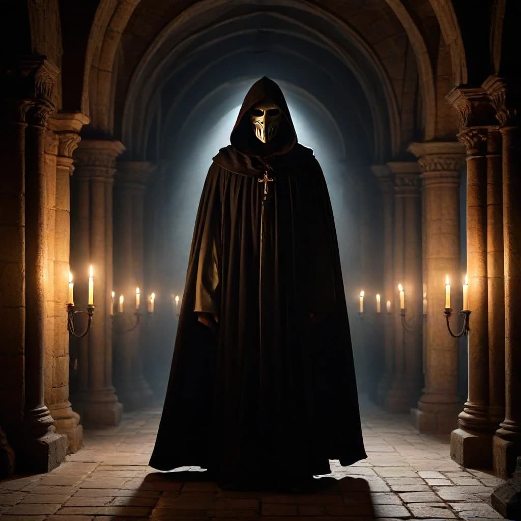 Under the vaults of an ancient medieval church, in the semi-darkness, by the lit candles, stands a mysterious man in a long, ankle-length cloak, a hood thrown over his head, his face covered by a half-mask, only his eyes visible. Illustration, Fantasy, Mysticism