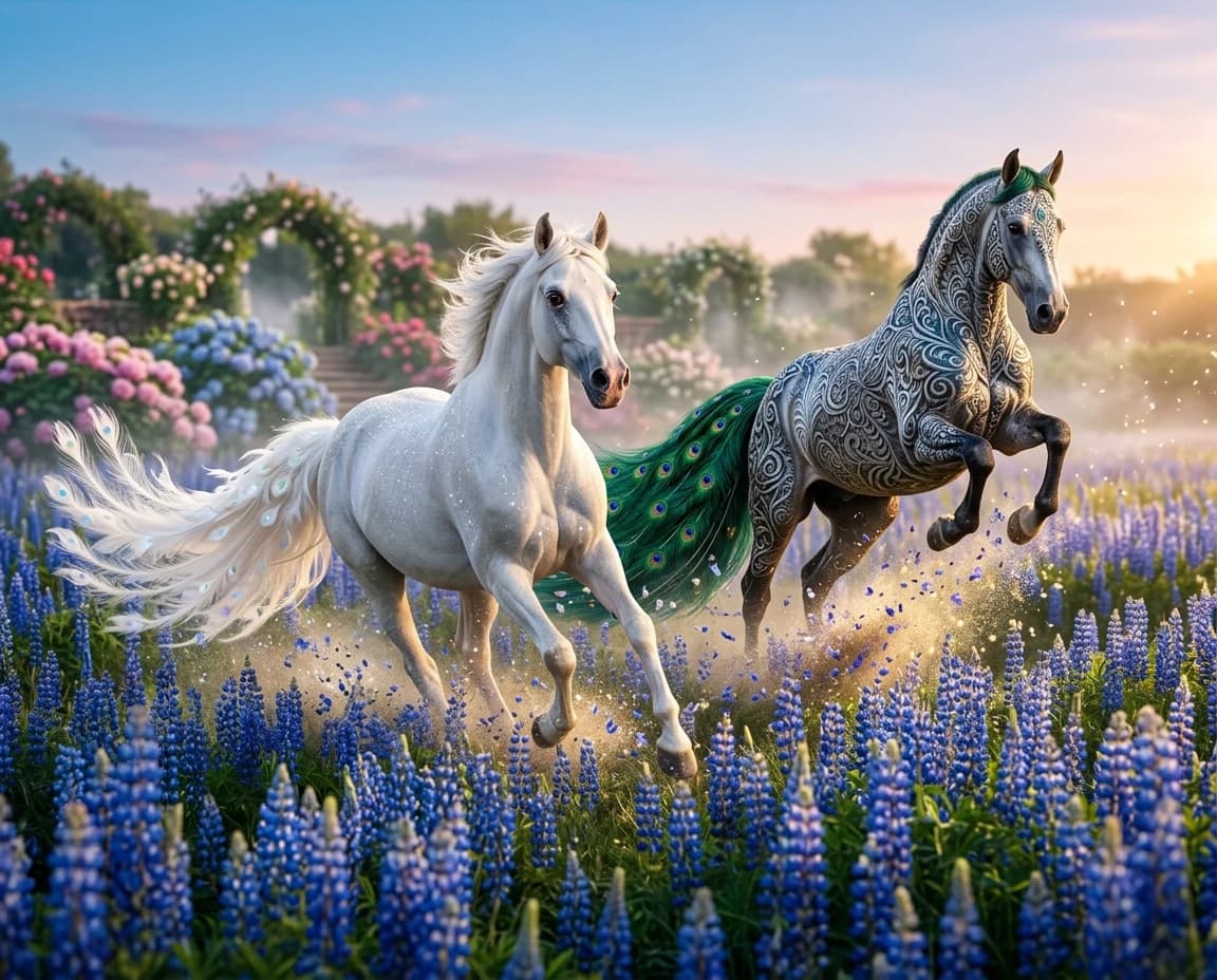 Fantasy scene: Two magical horses gallop across an endless field densely overgrown with tall blue lupines. On the left is a purebred white horse: its coat shines as if covered with the finest diamond dust; its long, fluffy tail is like a white peacock's: long, airy feathers with mother—of-pearl opalescent iridescences gently flutter in motion. On the right is a horse with a skin painted with a pattern of peacock feathers: on the dark silver skin there are thin filigree lines repeating the peacock ornament.; his long, bushy tail is emerald green, with characteristic "eyes" of a deep sapphire hue, it flows behind the horse like a silk train.
The composition is a dynamic middle ground with a light angle from below: the viewer seems to be standing in the lupines and watching the horses rush past. The white horse is slightly in front and to the left, its head is slightly turned towards the viewer — expressive eyes and delicate features of the muzzle are visible. The second horse is slightly behind and to the right, at the moment of the jump: the front legs are raised, the muscles are tense, the tail is effectively extended in an arc. Between the horses is a flight of crumbling petals and light flower seeds, illuminated by oblique sunlight.
Background: behind the field of lupines there is a wonderful flower garden: terraces with lush peonies, hydrangeas and convolvulus, in the distance there are openwork arches covered with climbing roses and a light mist rising from the ground. The sky is pale pink on the horizon, above it is azure, with thin cirrus clouds. The lighting is warm sunset light: the rays fall from the side, emphasizing the texture of wool, the shine of feathers and the transparency of the petals; golden highlights on the lupines, light haze and sparkling particles in the air, as if magic settles in the air.
The atmosphere is romantic, magical, filled with a sense of wonder. The style is fantasy hyperrealism: maximum detail (from individual hairs on the mane to the microtexture of peacock "eyes"), cinematic framing, saturated but harmonious colors, smooth transitions of tones. Resolution — 8K, high depth of field: horses in focus, background softly blurred.