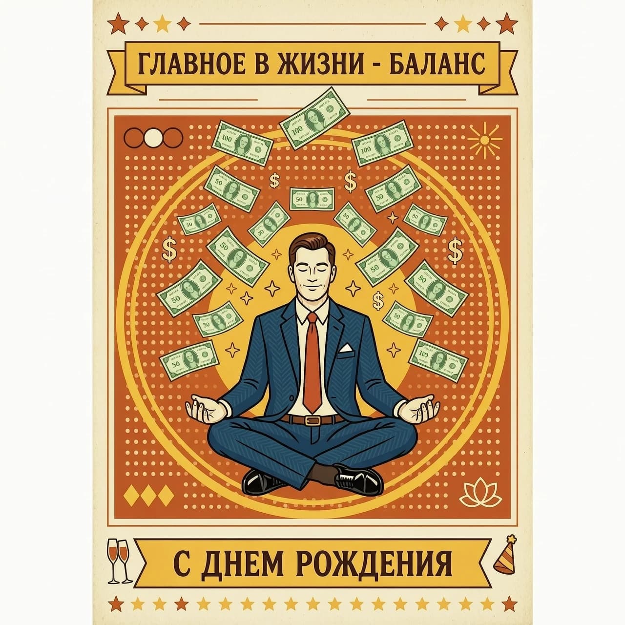 На изображении представлен белый мужчина в офисном костюме, сидящий в классической позе лотоса. Вокруг медитирующего мужчины в воздухе парят денежные купюры различных номиналов. Купюры словно спускаются сверху, создавая ощущение потока благополучия и успеха.

Цветовая гамма:
В стиле 60-х годов в Америке

Надпись:
Над изображением красивым шрифтом надпись: «ГЛАВНОЕ В ЖИЗНИ - БАЛАНС». 
Под изображением надпись : «С ДНЕМ РОЖДЕНИЯ «

Изображение в стиле 60- годов в Америке