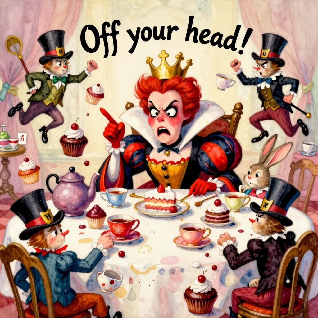 (masterpiece:1.8, acrylic painting:1.5, best quality:1.6, ultra-detailed:1.6). A bizarre and funny image (of the Queen of Hearts), who, sitting at a crazy tea table, angrily exclaims: "Off your head!' (Off with their heads!). The reason for her anger may have been a bad croquet game or too much sugar in her tea. (She's sitting at the head of a table strewn with ridiculous teapots and mountains of cakes, her crown slightly askew.) The Queen's face is red with annoyance, with puffed cheeks and wide-open eyes that look more offended than truly angry. (She points her finger with such effort that she looks like she's about to knock over her tea).
(Around her are the Hatter and the March Hare, who comically jump up and down in "fright," but at the same time try to hold on to their cups and cupcakes. Sonya may have poked her head out of the kettle, clearly annoyed by the noise. The card guards nearby may be awkwardly retreating, tripping over table legs or dropping their halberds). The tea table is a mess of flying cupcakes, spilled tea, and tumbling teacups.
The lighting is light and airy, creating a light, almost pastel mood. The overall atmosphere is a light, funny mess, where the Queen's anger is more of a familiar but theatrical act. Detailed watercolor or pastel illustration, playful composition, soft but saturated colors, light strokes, digital painting. Inspired by Quentin Blake's dynamic illustrations and Mary Blair's vibrant style.