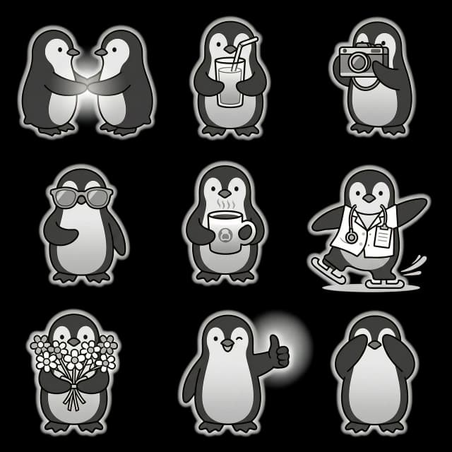 A set of 10 minimalist vector stickers on a transparent background featuring a penguin theme: penguins holding hands, a penguin drinking juice from a glass, a penguin holding a camera, a penguin wearing sunglasses, a penguin with a cup of coffee, a penguin ice skating, a penguin in a doctor's outfit, a penguin holding a bouquet of flowers, a penguin giving a thumbs-up, and a penguin covering its eyes with its flippers. Corporate design in a black-and-white color scheme with soft gradients and a subtle glow. Flat 2D style.