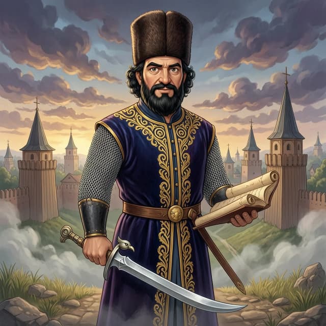 masterpiece, ultra detailed, 8k resolution, digital art. Epic historical portrait of Ataman Yermak Timofeyevich, the legendary Cossack leader.
Character design for mascot: Man in his prime, 40-45 years old. Middle height, stocky and broad-shouldered build (плечист). Flat-faced (плосколиц).
Face: Stern but wise expression, confident direct gaze looking forward. A slight restrained smile of a mentor. Thick black beard (черн брадою), dark curly hair.
Headwear: Traditional tall fur Cossack papakha hat.
Armor & Clothing: Gleaming steel chainmail hauberk underneath. Over it — a rich dark blue or burgundy velvet Feryaz (long kaftan) with intricate gold embroidery.
Attributes: 
In right hand: Battle Cossack shashka sword with a guard shaped like a bird's head (эфес в виде птичьей головы).
In left hand: Open ancient book or scroll (symbol of wisdom/education).
Background: Panoramic view of an ancient Russian city, wooden kremlin towers and churches, dramatic sky.
Style: High-detail realism blended with Disney/Pixar stylization (slightly larger eyes for empathy), cinematic lighting, volumetric fog.