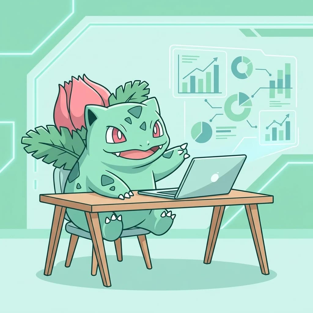 Flat vector illustration, cute Ivysaur character sitting at a desk with a laptop, pointing at a floating chart and infographics, pastel mint green and light blue background, studio lighting, clean 2d anime vector style, consistent colors, --ar 4:3 --niji 6