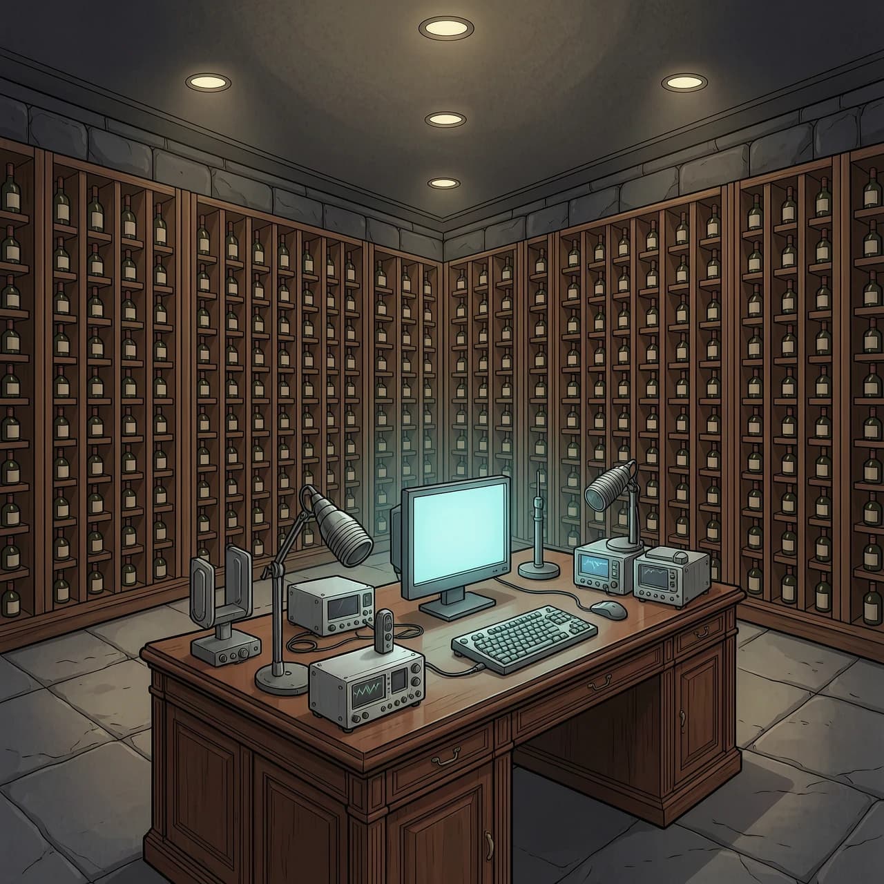 Spacious, luxurious basement cellar of a billionaire's mansion, Ace Attorney Trilogy art style, high-quality 2D digital illustration with sharp cel-shading and bold outlines. The scene features a vast, dimly lit wine cellar with endless rows of dark wooden racks filled with various unlabeled wine bottles and premium spirits. In the foreground, a heavy mahogany desk holds a high-tech computer setup surrounded by an array of sophisticated surveillance gadgets: signal jammers, parabolic microphones, hidden listening devices, and electronic frequency scanners. The desk is cluttered with wires, oscilloscopes, and technical tools, all devoid of any logos, text, or brand names. Dramatic, moody lighting with sharp shadows and soft ambient glows from the computer screen and dim recessed ceiling lights. The composition is a wide-angle shot, emphasizing the depth of the cellar and the secretive, high-stakes atmosphere of a crime scene investigation. Rich textures of polished wood, dark stone walls, and glinting glass, evoking a sense of mystery and corporate espionage.