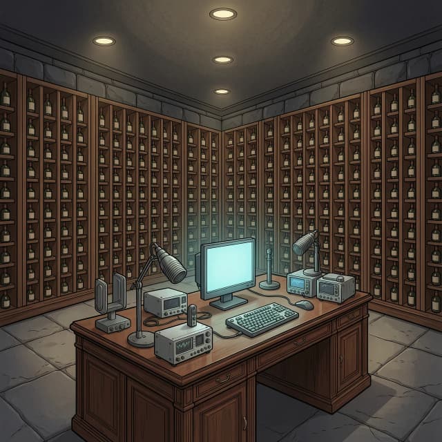 Spacious, luxurious basement cellar of a billionaire's mansion, Ace Attorney Trilogy art style, high-quality 2D digital illustration with sharp cel-shading and bold outlines. The scene features a vast, dimly lit wine cellar with endless rows of dark wooden racks filled with various unlabeled wine bottles and premium spirits. In the foreground, a heavy mahogany desk holds a high-tech computer setup surrounded by an array of sophisticated surveillance gadgets: signal jammers, parabolic microphones, hidden listening devices, and electronic frequency scanners. The desk is cluttered with wires, oscilloscopes, and technical tools, all devoid of any logos, text, or brand names. Dramatic, moody lighting with sharp shadows and soft ambient glows from the computer screen and dim recessed ceiling lights. The composition is a wide-angle shot, emphasizing the depth of the cellar and the secretive, high-stakes atmosphere of a crime scene investigation. Rich textures of polished wood, dark stone walls, and glinting glass, evoking a sense of mystery and corporate espionage.