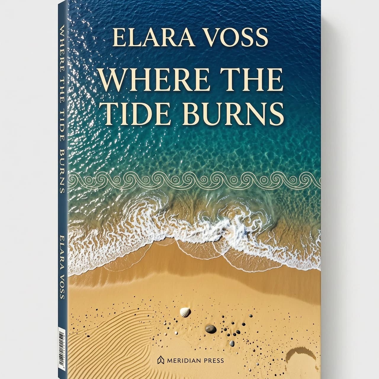 Book cover art, minimalist style, vertical book cover composition, look from above. The top two-thirds of the image is a beautiful blue sea, the bottom one-third is warm yellow sand. The shoreline water wave with soft white sea foam forms a perfect, clear silhouette of a woman's hip curve. Along the edge of the water wave, there is a very thin, elegant, horizontal Maori Koru pattern ornament running from edge to edge. High aesthetic, cinematic, hyper-detailed sand and water texture, modern romance novel cover, no people