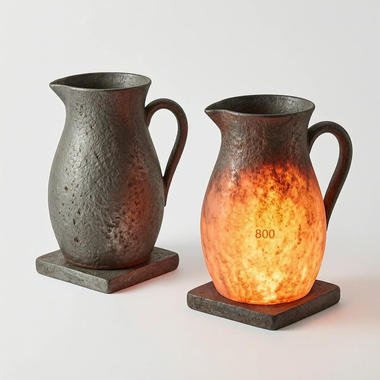 two jugs with a flat bottom on a white background one heated to a temperature of 800 degrees