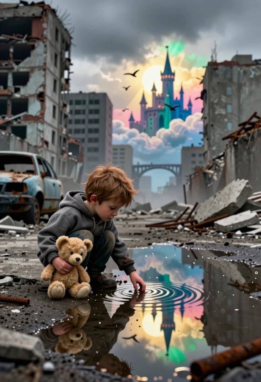 Create a photorealistic 3D illustration in a cinematic style — a dramatic medium shot that reveals the contrast between destruction and hope. In the foreground, there is a small boy of about five years old with disheveled chestnut hair, wearing a worn gray hoodie and dark trousers; he is crouching at the edge of a dirty puddle, his gaze lowered, his expression quiet and pensive. In his left hand, he is tightly holding a tattered light‑brown teddy bear, and with his right hand, he barely touches the surface of the water.

The background is a desolate urban landscape: dilapidated high-rise buildings with exposed frames, broken window openings, and piles of concrete fragments and rusty rebar; to the left is an abandoned car covered in a layer of dust and dirt; the atmosphere is overcast, with a heavy gray sky, a light haze, and a sense of silence after the storm.

The key focus is the reflection in the puddle: instead of a dull landscape, a fantastic world unfolds in the water — castles floating in the sky with pointed towers, graceful bridges between the clouds, flocks of colorful birds, rays of bright sun breaking through fluffy white clouds; the palette of the reflection is rich, dominated by azure, gold, soft pink, and emerald.

The lighting is contrasting: gloomy, cold tones of the ruins and warm, radiant light in the reflection; add highlights on the water surface, light ripples from the touch of fingers, micro‑droplets on the concrete, dust particles in the air. Detail every crack on the asphalt, the fuzz on the teddy bear, the folds on the jacket, the texture of the exposed concrete.