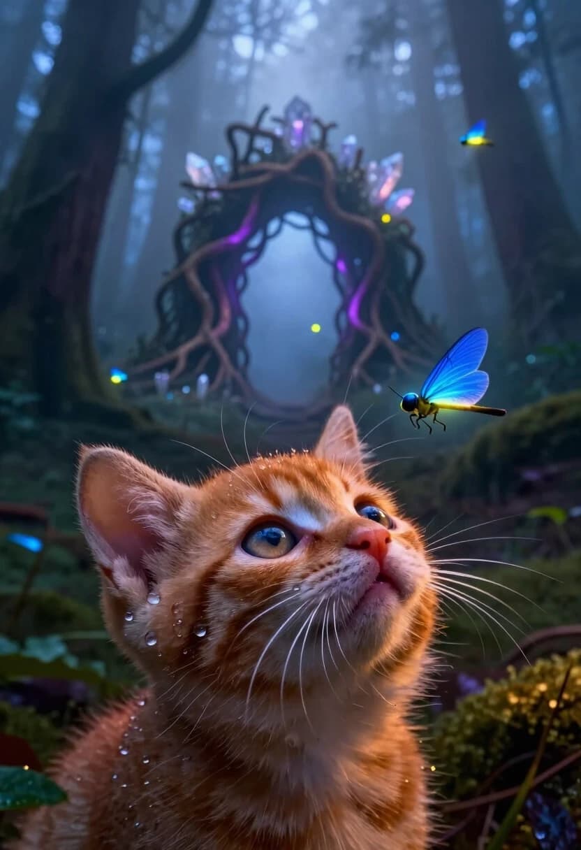Photorealistic, 8K, macro and wide mix. A dense, misty forest at dawn. The foreground is a close-up of a tiny ginger kitten’s face, looking up with wide, curious eyes. Its nose is almost touching a glowing blue firefly that hovers just inches from its face. The kitten’s fur is wet with dew, and each droplet catches the light.

The background is a wide, sweeping view of the forest, fading into a deep blue mist. In the distance, a mysterious glowing archway made of intertwined roots and crystals is barely visible through the fog. A few other fireflies drift lazily in the air, creating a magical atmosphere.

Camera: split-focus technique. The kitten’s face is hyper-detailed (every whisker, the texture of its nose, the reflection in its eyes), while the forest background is soft and dreamy. Low-angle shot looking up, emphasizing the vastness of the forest compared to the tiny kitten.

Lighting: soft, diffused morning light with volumetric rays piercing the mist. Cool blues and purples in the shadows contrasted with warm golden highlights on the kitten’s fur and the firefly’s glow. Heavy use of atmospheric haze to separate the planes and create depth.