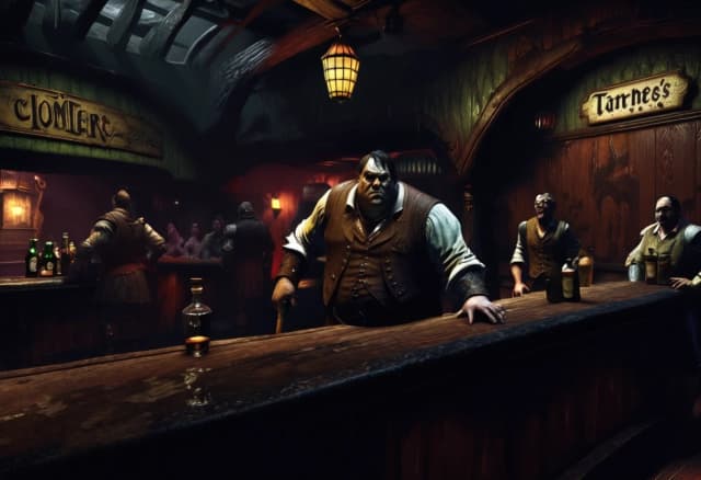 The interior of a gloomy INN in a dark fantasy setting based on the Middle Ages; a fat, dirty man is standing behind the bar; the people in the tavern are dressed in rags.