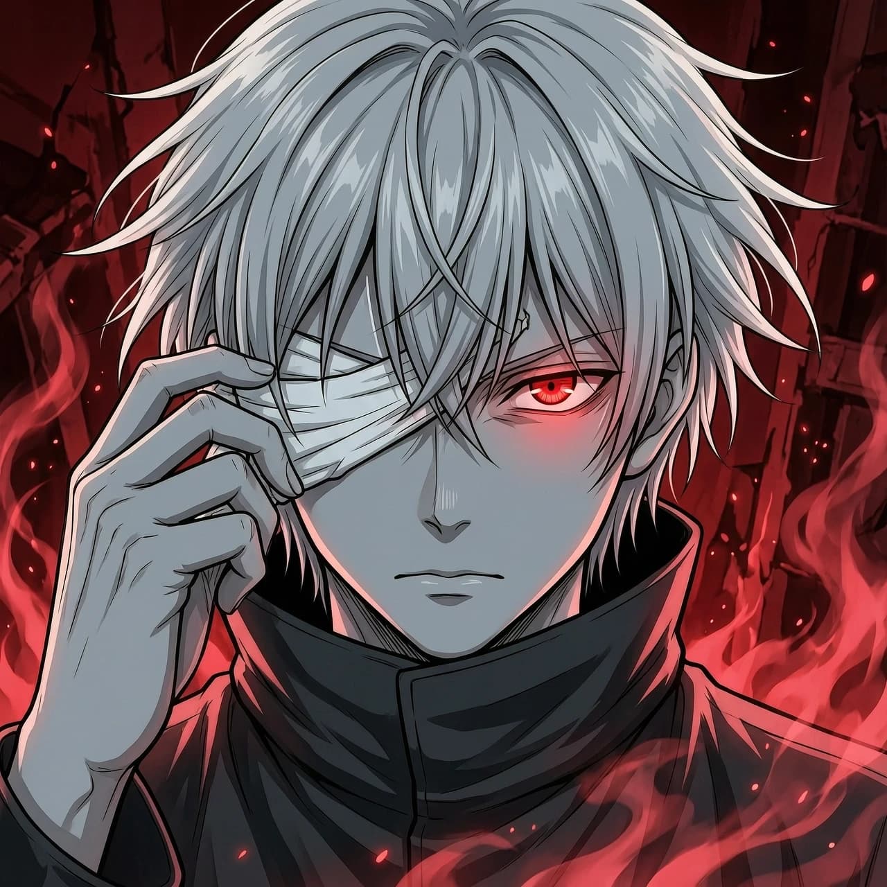 "Аватарка, крупный план аниме парня, персонаж похож на Ken Kaneki из Tokyo Ghoul. У него взъерошенные, светло-серые/белые волосы. Глаза интенсивно светятся красным цветом. Он одной рукой приподнимает или поправляет белую повязку/маску, которая прикрывает один глаз. Выражение лица сосредоточенное и пронзительное, смотрит прямо на зрителя. Одет в темную куртку с высоким воротником. Персонаж практически монохромный, в оттенках серого, но глаза и задний фон ярко-красные. Задний фон абстрактный, темно-красный, с тонкими, возможно, размытыми деталями, создающими глубину и ощущение энергии. Вокруг персонажа, особенно снизу и сбоку, ощущается сильное красное свечение или дымка. Драматическое освещение, высокая детализация, аниме стиль, 4K."