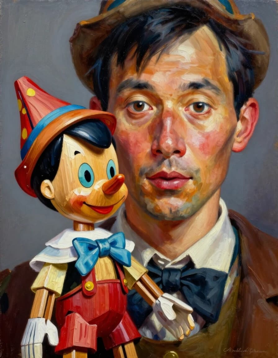 A masterpiece. Style:oil painting. (Image. A handsome traveling puppeteer, clear facial features and expressive eyes, with a wooden Pinocchio puppet.):1.8. Intense close-up. High quality. High resolution. Increased attention to the fine details and texture of the wooden Pinocchio. The artist is Russ Mills.