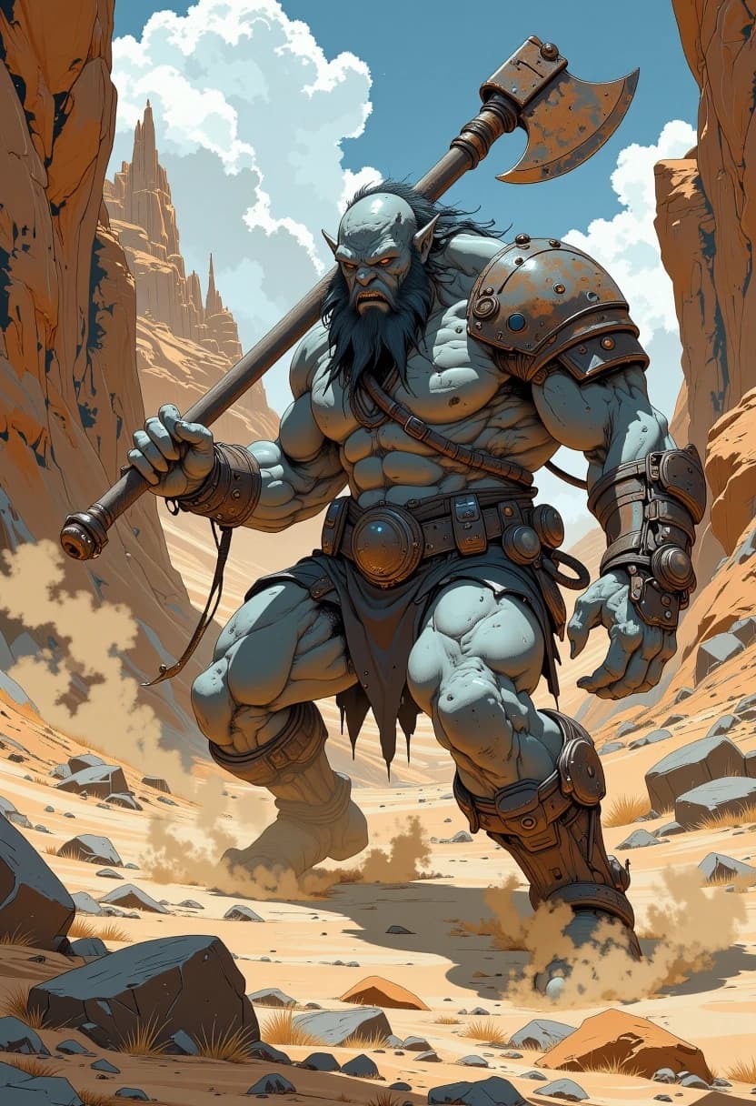 A muscular grey-skinned orc-like creature with weathered, leathery skin and rugged features, wielding a massive, notched, and battle-worn heavy axe. The creature is captured in a powerful, dynamic combat stance, twisting slightly in a three-quarter view towards the viewer. The setting is a vast, desolate rocky desert under a harsh, cinematic sun, with swirling dust, jagged sandstone formations, and scattered debris. Dramatic low-angle composition to emphasize the creature's imposing presence. High-detail fantasy concept art style, reminiscent of digital oil painting with thick, expressive brushstrokes. Hyper-realistic textures on the rusted metal of the axe and the coarse skin of the beast.