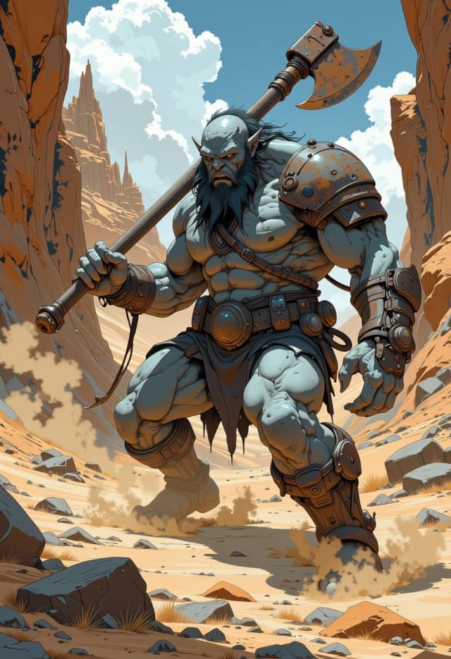 A muscular grey-skinned orc-like creature with weathered, leathery skin and rugged features, wielding a massive, notched, and battle-worn heavy axe. The creature is captured in a powerful, dynamic combat stance, twisting slightly in a three-quarter view towards the viewer. The setting is a vast, desolate rocky desert under a harsh, cinematic sun, with swirling dust, jagged sandstone formations, and scattered debris. Dramatic low-angle composition to emphasize the creature's imposing presence. High-detail fantasy concept art style, reminiscent of digital oil painting with thick, expressive brushstrokes. Hyper-realistic textures on the rusted metal of the axe and the coarse skin of the beast.