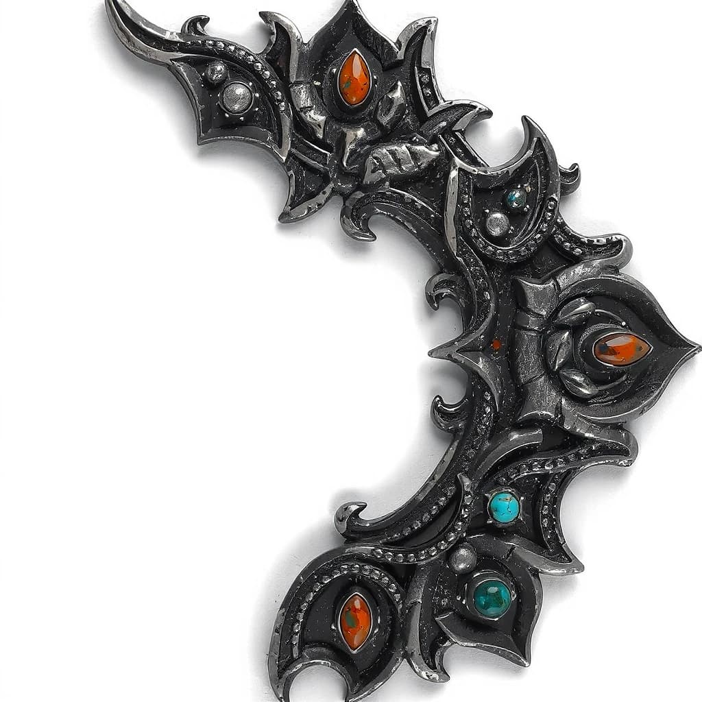 Create a corner for a frame on a clean white background (NO SHADOW) blackened silver; Celtic lines; small red or blue stones; symmetry; gothic fantasy. Only a corner on one sheet, nothing more
