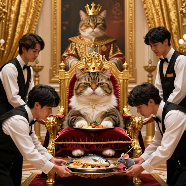 Cinematic humorous photorealistic shot of a opulent imperial throne room with gold walls and velvet curtains. On the massive golden throne sits a fluffy, slightly bored-looking cat wearing a tiny, elaborate golden crown. Around the throne, several humans dressed as servants are bowing and offering the cat various luxuries: a silver platter with gourmet fish, a velvet cushion, a toy mouse on a golden string. The cat looks completely unimpressed, staring into the distance with regal indifference. On the wall behind, a huge painted portrait of the same cat in full imperial robes. Playful, ironic, relatable, warm lighting, photorealistic, shallow depth of field, 4:5 aspect ratio.