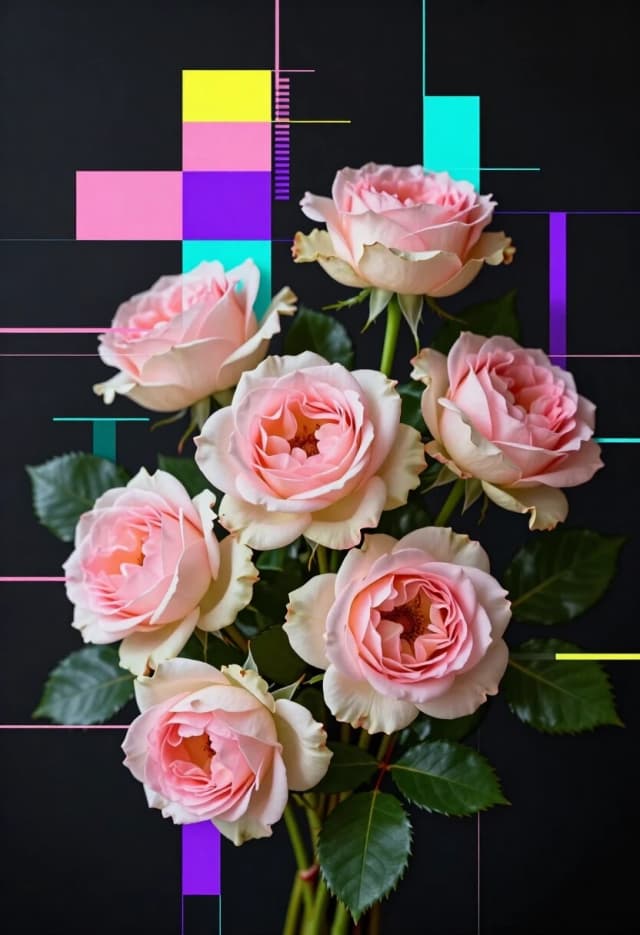 Vertical composition of a bouquet of pale pink and cream tea roses with green leaves against a deep matte black background. The flowers are photorealistic in the intact areas: show delicate petal layers, soft gradients from blush pink to ivory, visible stamens, and fine leaf veins.

Apply a strong structural glitch effect that breaks the image into large rectangular fragments rather than fine noise. Displace these blocks vertically with irregular offsets—some segments should slide down, others shift left or right, creating gaps where the black background shows through. Let some fragments partially overlap adjacent ones, mimicking a layered, collage-like disintegration.

Inside the displaced blocks, add horizontal color banding and vertical striped artifacts in pastel pink, cyan, purple, and yellow. Include thin, multicolored vertical lines and pixel-grid patterns within the glitch segments to emphasize the digital corruption. Avoid grain, film noise, or soft blur; the edges of the fragments must be sharp and geometric.

Keep the undistorted parts of the roses crisp and highly detailed, while the fragmented areas show clean, rectangular cuts and a sense of vertical drift. The overall effect should resemble a digital transmission breakdown where the image is literally coming apart into large, misaligned blocks. Strong contrast between the soft rose tones, the vivid glitch colors, and the black background. 8K resolution, photorealistic rendering for the flowers, stylized digital deconstruction for the glitch effect.
