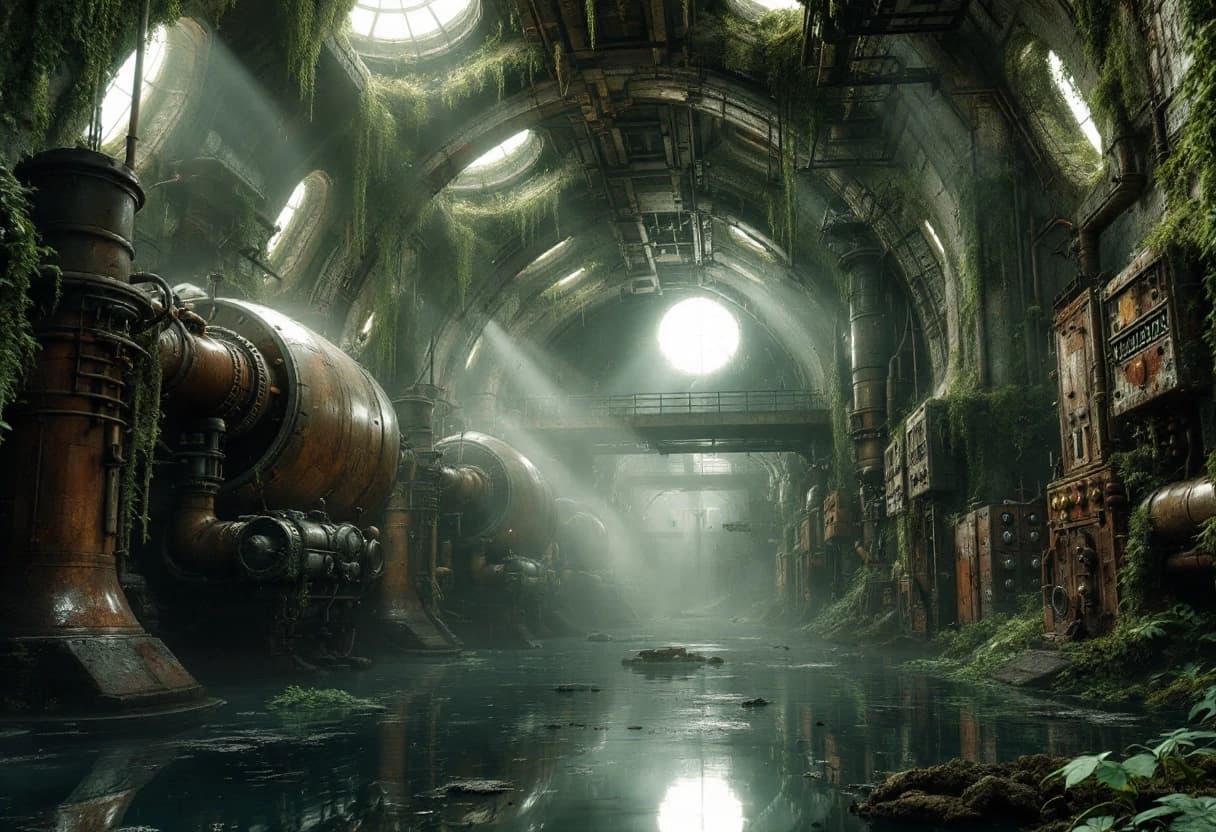 Cinematic wide shot of a decaying, abandoned military bunker hall, partially submerged in murky, stagnant water reflecting the overhead ruins. The atmosphere is heavy with post-apocalyptic melancholy and overgrown nature. Lush emerald moss, thick hanging vines, and long seaweed drape over massive, rusted industrial machinery and giant cylindrical steel capsules. Complex networks of corroded pipes with intricate valves, heavy-duty engines, tangled thick cables, and exposed ventilation systems weave through the space. Dilapidated steel galleries and catwalks overlook the flooded floor. Jagged holes in the reinforced concrete walls reveal distant, dim light, while rusted steel doors and heavy lockers stand partially swallowed by vegetation. The scene is cluttered with debris, scattered junk, and decaying technological relics. Dramatic chiaroscuro lighting with volumetric sunbeams piercing through ceiling cracks, highlighting floating dust motes and the wet, glistening textures of rust and foliage. Hyper-realistic digital art style, highly detailed textures, 8k resolution, industrial decay aesthetic, moody and atmospheric.