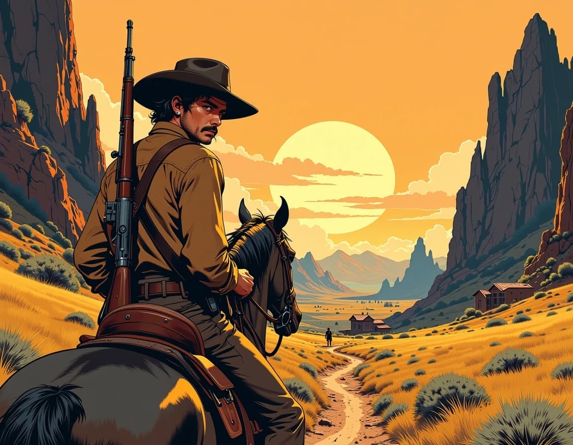 A masterpiece,  in the style of the 1980s, with bold lines, dynamic strokes and rich textures, on background with a touch of nostalgia, perhaps with subtle drawings inspired by cellulose and vintage, worn textures similar to paper, oil painting, by Louis L’Amour. Classic Western adventure scene, a rugged cowboy riding alone through a dangerous mountain pass, rocky cliffs rising on both sides, dusty trail disappearing into the wilderness, a distant frontier town under a dramatic sunset sky. Weathered cowboy hat, rifle on the saddle, vast open landscape, realistic Western painting style, cinematic lighting, warm golden and brown tones, mysterious frontier atmosphere, high contrast. celshading, simple background
