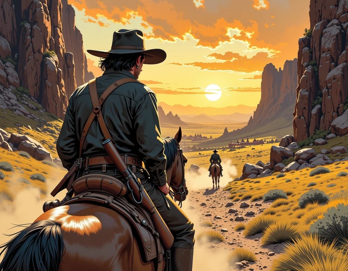 A masterpiece,  in the style of the 1980s, with bold lines, dynamic strokes and rich textures, on background with a touch of nostalgia, perhaps with subtle drawings inspired by cellulose and vintage, worn textures similar to paper, oil painting, by Louis L’Amour. Classic Western adventure scene, a rugged cowboy riding alone through a dangerous mountain pass, rocky cliffs rising on both sides, dusty trail disappearing into the wilderness, a distant frontier town under a dramatic sunset sky. Weathered cowboy hat, rifle on the saddle, vast open landscape, realistic Western painting style, cinematic lighting, warm golden and brown tones, mysterious frontier atmosphere, high contrast. celshading, simple background