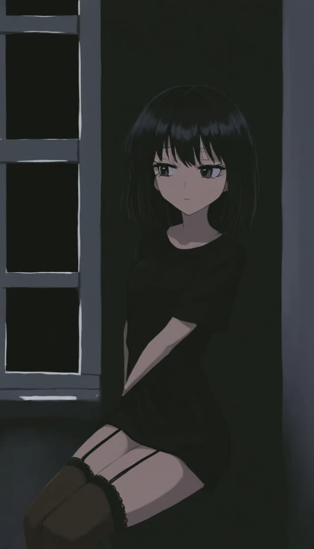 темная комната с окном. милая anime moe черноволосая девушка с ресницами черной длинной футболке и чулках