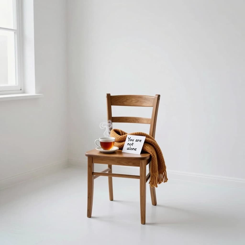 Minimalist conceptual photography of a single wooden chair standing alone in the center of an empty white room. On the seat of the chair lies a warm knitted scarf, a small steaming cup of tea, and a handwritten note that says "You are not alone". The room is silent and softly lit by a single window. Philosophical, hopeful, minimal, warm tones, 4:5 aspect ratio.