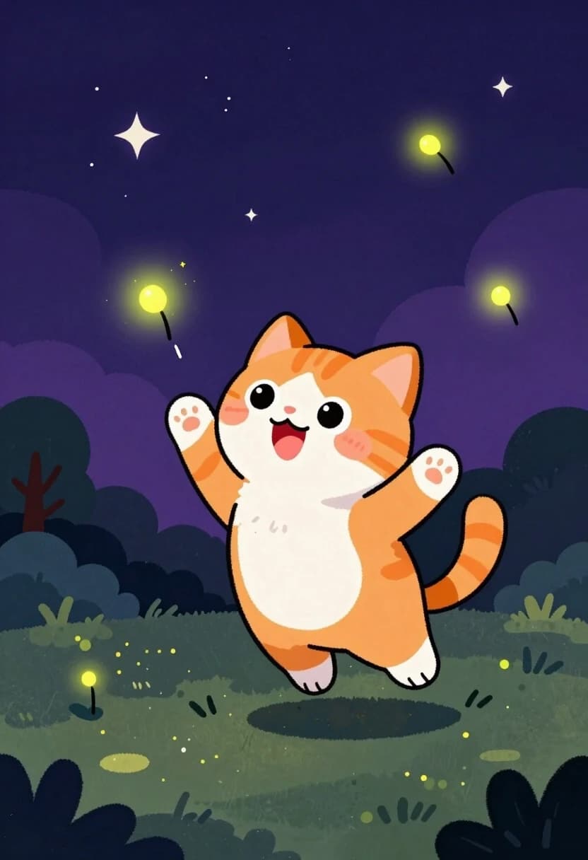 A children's crayon and marker drawing of a cute fluffy orange and white cat with big round sparkling eyes, pink nose, rosy cheeks and a joyful open-mouthed smile, leaping playfully through the air with paws outstretched to catch glowing yellow-green fireflies. Deep dark night sky in rich indigo and deep purple tones with soft white stars and small sparkles. Dark green grassy ground with muted dark green and blue bushes and a small tree on the left. Fireflies are simple