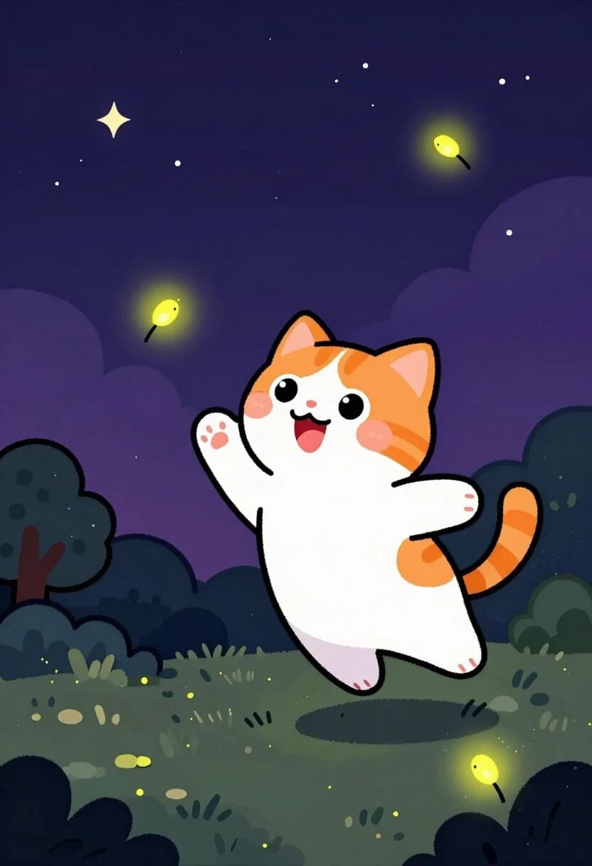 A children's crayon and marker drawing of a cute fluffy orange and white cat with big round sparkling eyes, pink nose, rosy cheeks and a joyful open-mouthed smile, leaping playfully through the air with paws outstretched to catch glowing yellow-green fireflies. Deep dark night sky in rich indigo and deep purple tones with soft white stars and small sparkles. Dark green grassy ground with muted dark green and blue bushes and a small tree on the left. Fireflies are simple