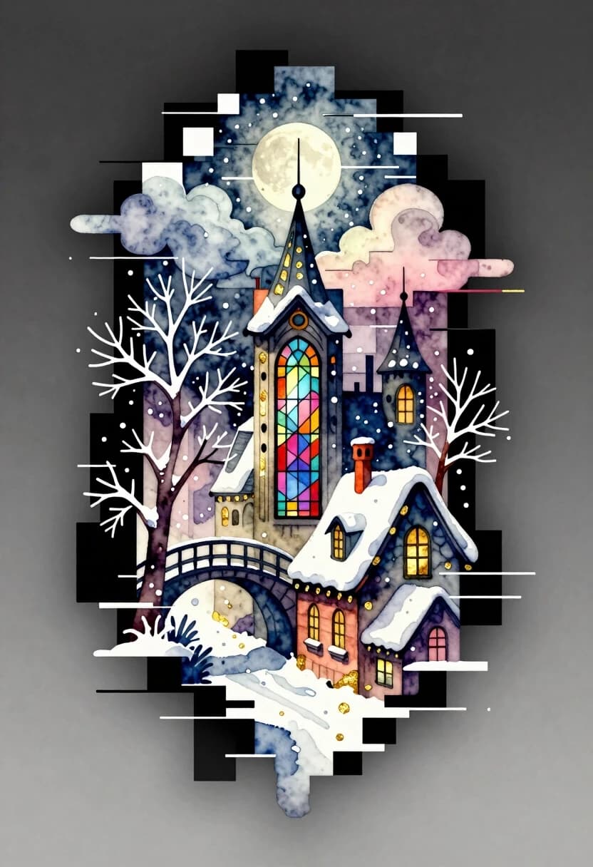 A watercolor painting is a logo or tattoo on a dark gray background with a gradient. Art deco. Vertical composition with an expressive glitch effect. The visible texture of canvas or textured watercolor paper. Glitch art: Everything consists of squares, with digital interference and distorted visual effects. An unusual fairytale city in the style of the Renaissance. Beautiful, unusual, with stained glass windows, bridges, towers. Delicate branching trees with frost and roofs covered with snow. Snowfall. It is made in digital format. Above, there is a full moon among the clouds. Vertical decorative composition. Everything consists of squares, with digital interference and distorted visual effects. Pastel, powdery shades. Deep shadows. Black lines drawn with pencil or charcoal to emphasize the main elements. Watercolor effects. Gold leaf accents, bright and shiny, emphasize important elements.