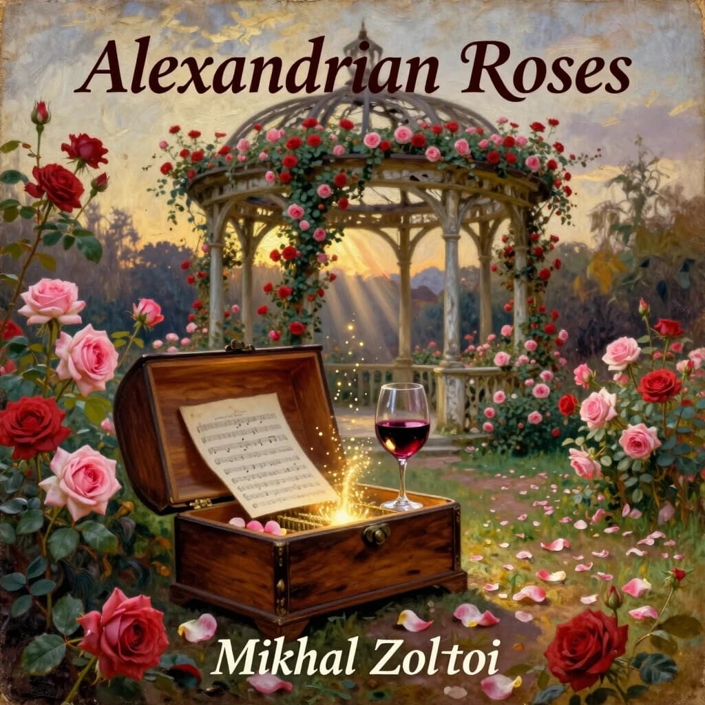 A hyper-detailed oil painting in the style of John William Waterhouse and the Pre-Raphaelites, square format 3000x3000. Cover of a classical music single. In the background, an ancient overgrown garden at dawn, dilapidated gazebo entwined with lush blooming roses of soft crimson and pale pink, petals scattered on the ground. An antique open wooden music box or jewelry chest in the foreground, from which a ghostly golden glow and small glowing particles flow. Sheet music and a glass of dark red wine. Atmosphere of sweet melancholy, fleeting youth, and autumn baroque. The texture of aged canvas. At the very top of the image, elegant vintage serif lettering reads "Александрийские розы". At the bottom, a smaller elegant caption reads "Михаил Золотой". The text must be perfectly centered, cinematic volumetric lighting, god rays.