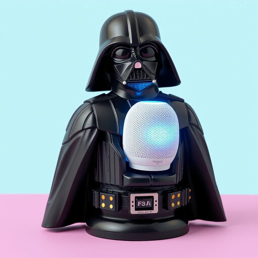 A quirky and fun gadget concept. A 30cm tall collectible Darth Vader statue made of glossy black plastic, but with a twist: the front of its chest armor is open, and a cute Yandex Lite speaker (pastel colors, fabric texture) is sitting inside like a glowing power core. The speaker's lights are on. It looks like a custom DIY modification or a high-tech collectible. 3D product mockup, isometric view, bright background, pop-art style.