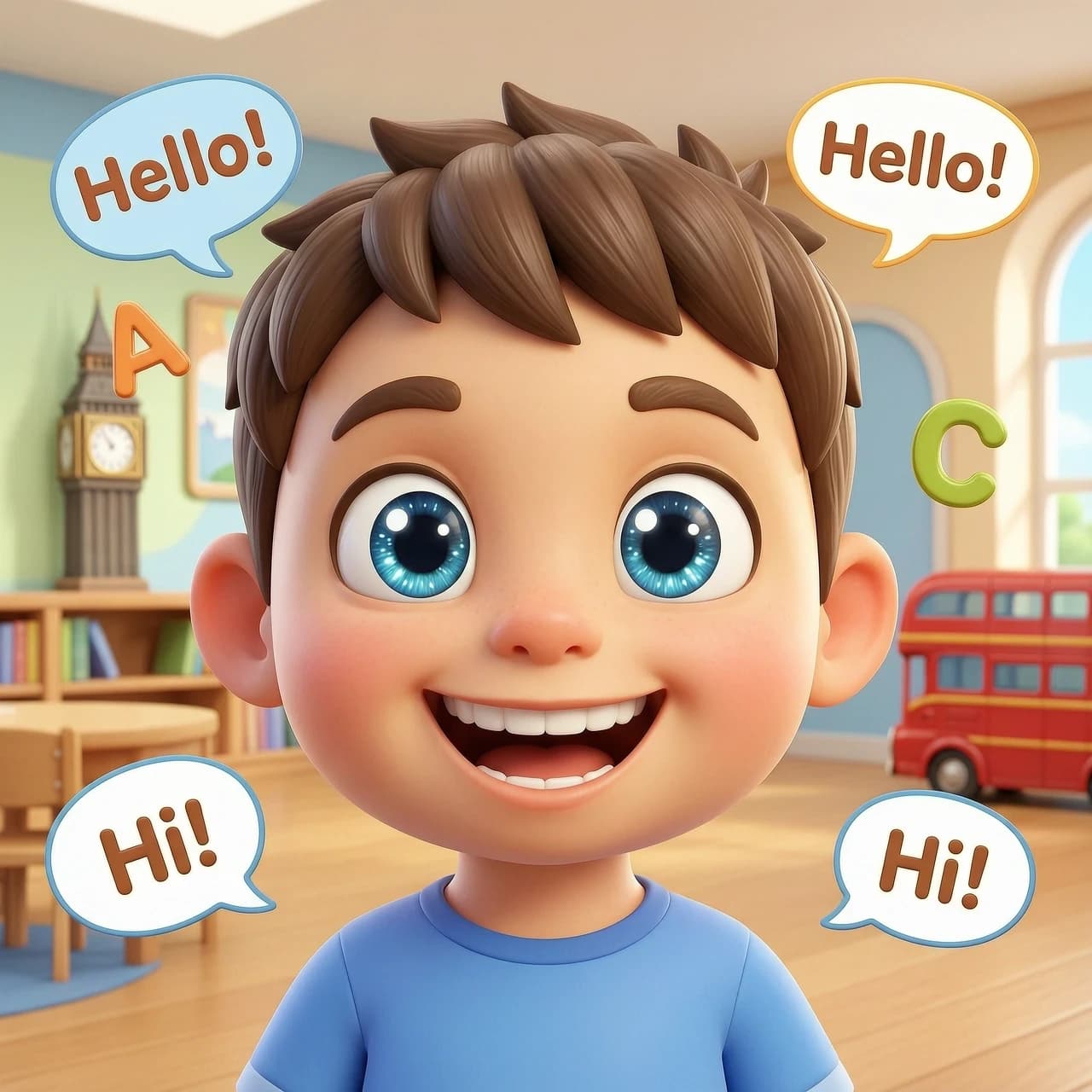 A vibrant and high-quality 3D cartoon avatar designed for an English language school for kids. The character is a friendly, expressive, and charismatic mascot with large, sparkling eyes and a wide, welcoming smile, radiating enthusiasm and intelligence. The style is inspired by modern Disney-Pixar animation, featuring smooth textures, soft rounded shapes, and highly detailed subsurface scattering on the skin. The character is surrounded by playful educational elements: floating 3D letters (A, B, C), speech bubbles with English words like "Hello!" and "Hi!", and a small iconic symbol like a stylized Big Ben or a red London bus in the background. Lighting is bright, cheerful, and cinematic, with soft studio rim lighting to make the character pop against a clean, colorful, slightly blurred classroom or library background. The composition is a centered close-up portrait (head and shoulders), perfect for a profile picture. High resolution, 8k, Octane render, masterpiece, joyful and energetic mood.
