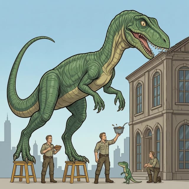 нарисуй историю мне  как хозяйн кормит своего Velociraptor blu сначала  Velociraptor blu  маленикий всего 1 метор хозяй кормит его с рук  Velociraptor blu вырастате до 3 метров чтоб его покормить приходится взять табуретку  Velociraptor blu  растет его рост 5 метров хозяйну приходится взять лесницу чтоб его покормить  Velociraptor blu  упирается головой в крышу хвост в стену его рост 7 метров хозяин уже стоит на последней ступеньке  Velociraptor blu пробивает головой крышу дома его рост 12 метров хозяйну приходится кидать еду ему в пасть чтоб покормить его хозяйну  взять ковш чтоб его покормить его рост 15 метров  Velociraptor blu  растет он выше зданий рост 20 метров хозяйну приходится взять технику что его покормить Velociraptor blu  растет до 25 метров хозяй забирается на здание чтоб его покормить  Velociraptor blu  растет до 30 метров хозяйн забирается на самое высокое здание  Velociraptor blu  растет до 50 метров хозяин стоит у его лап и смотри как его  Velociraptor blu  хозяин забирается на небоскреб чтоб ее покормить ее рост 100 метров хозяин стоит у ее лап она продолжает расти 200 метров 300 400 500 и она продолжает расти ее лапы больше города