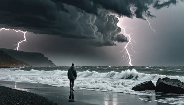 Берег океана. Бушующие волны. Мужчина идет вдоль кромки воды. Серое грозовое небо, густой туман. На горизонте видны всполохи грозы. Вдалеке из моря поднимается одинокая скала.