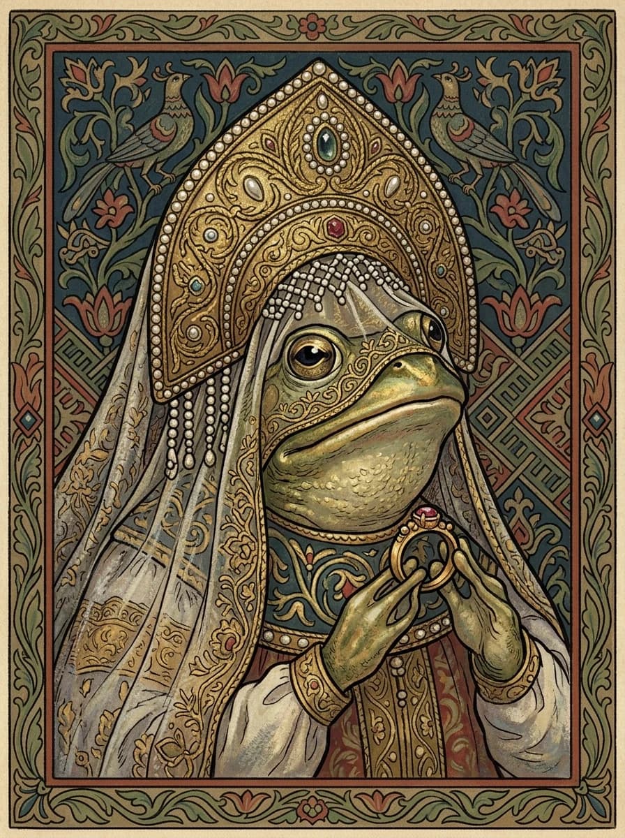 A real masterpiece. How artificial intelligence would depict: (Aesthetics: Impressionism. The image is made in the pastel technique. Book graphics by Ivan Bilibin, 1899 — the fairy tale "The Frog Princess"). Intense close-up. High resolution. High quality. Increased attention to small details. Hyperrealistic style of surrealism, impressionism, fabulous book graphics. Increased attention to the smallest details and texture of book graphics. The author is Ivan Yakovlevich Bilibin.
