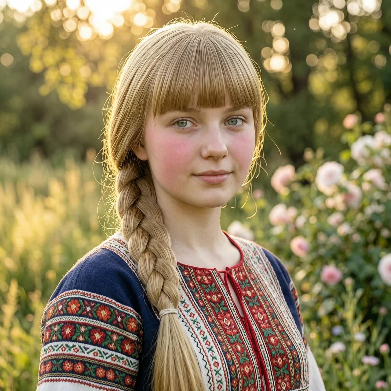 Портрет 17-летней русской красавицы Алёнки в стиле гиперреализма с элементами классической живописи маслом. У неё длинная, одна толстая коса соломенного цвета, перекинутая через плечо, и аккуратная прямая чёлка, обрамляющая лицо. Кожа нежная, с легким румянцем, глаза светлые и выразительные. Она одета в традиционный славянский сарафан с тонкой вышивкой. Композиция — крупный план (close-up), направленный на лицо и текстуру косы. Освещение мягкое, золотой час, пробивающийся сквозь листву деревьев, создающий эффект «remi» и мягкие блики на волосах. Фон — размытый летний луг или цветущий сад в технике боке. Настроение безмятежное, чистое и светлое. Высокая детализация текстуры волос, ткани и кожи, 8k, кинематографический эффект.