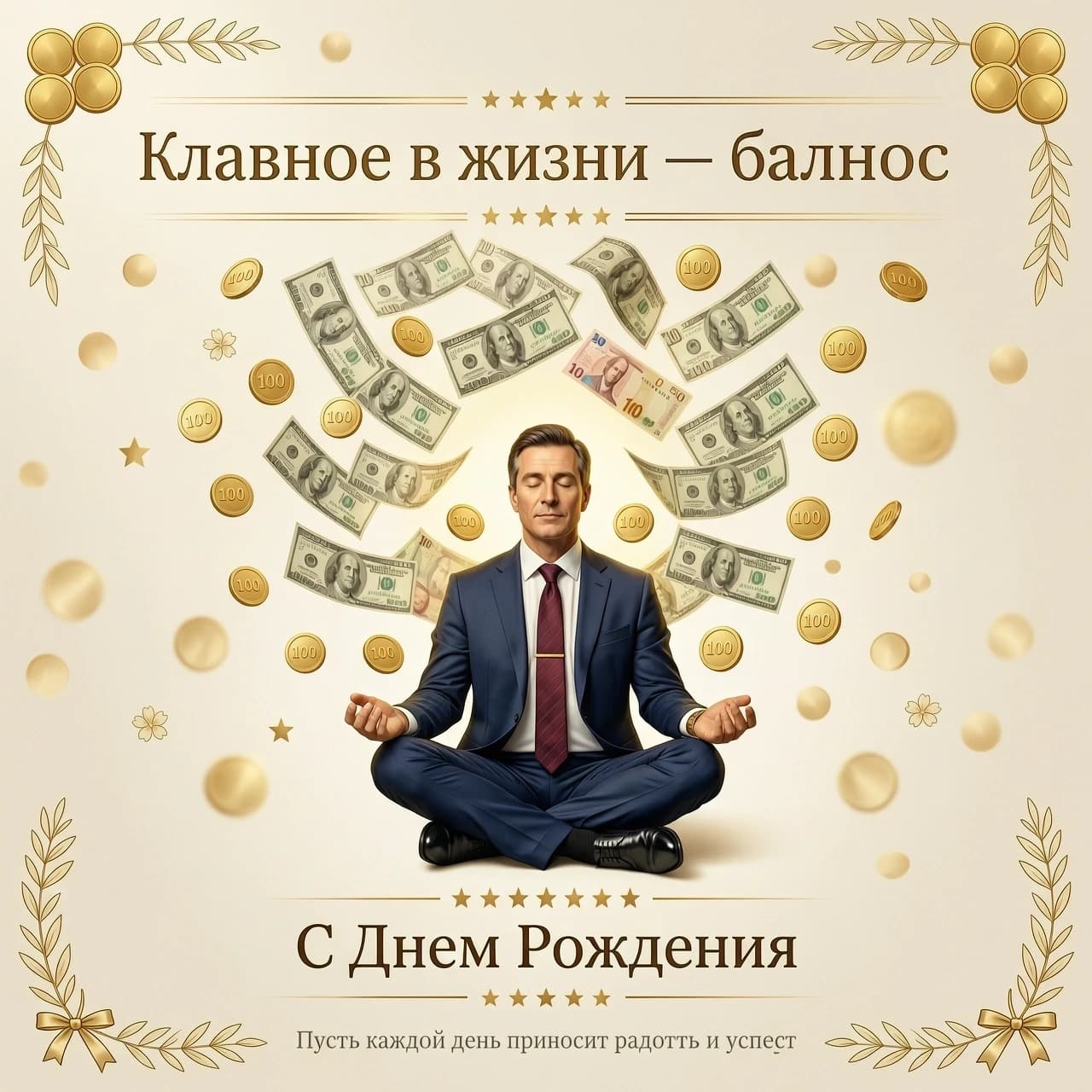 На изображении представлен мужчина в офисном костюме, сидящий в классической позе лотоса. Эта поза символизирует спокойствие, гармонию и внутреннюю сосредоточенность. Вокруг медитирующего мужчины в воздухе парят денежные купюры различных номиналов. Купюры словно спускаются сверху, создавая ощущение потока благополучия и успеха.

Цветовая гамма:
Фон может быть выполнен в спокойных, нейтральных тонах — светло-бежевых или пастельных оттенках, чтобы не отвлекать внимание от главного элемента композиции. Сами купюры могут быть изображены в золотистых или серебристых тонах, подчёркивая их ценность и значимость.

Надпись:
Над изображением красивая надпись: «Главное в жизни — баланс». 
Под изображением «С Днем Рождения ».