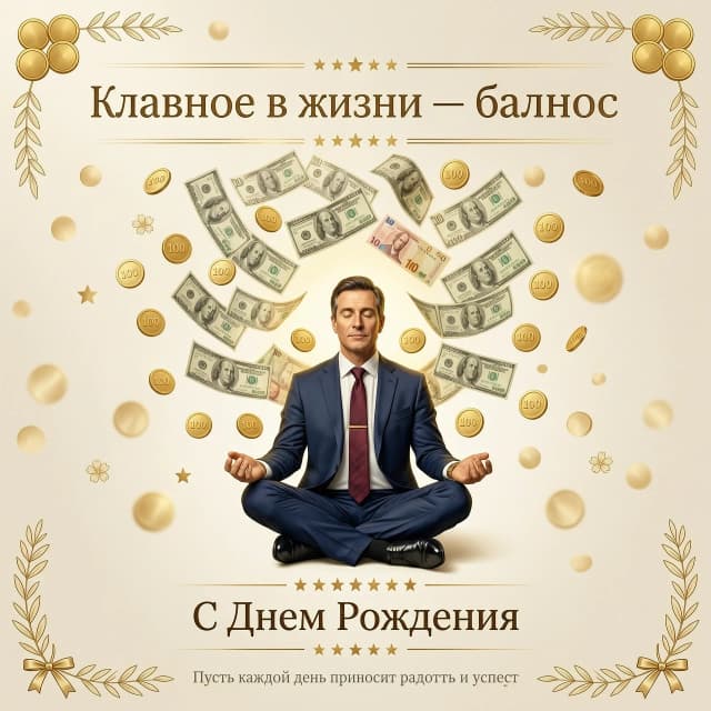 На изображении представлен мужчина в офисном костюме, сидящий в классической позе лотоса. Эта поза символизирует спокойствие, гармонию и внутреннюю сосредоточенность. Вокруг медитирующего мужчины в воздухе парят денежные купюры различных номиналов. Купюры словно спускаются сверху, создавая ощущение потока благополучия и успеха.

Цветовая гамма:
Фон может быть выполнен в спокойных, нейтральных тонах — светло-бежевых или пастельных оттенках, чтобы не отвлекать внимание от главного элемента композиции. Сами купюры могут быть изображены в золотистых или серебристых тонах, подчёркивая их ценность и значимость.

Надпись:
Над изображением красивая надпись: «Главное в жизни — баланс». 
Под изображением «С Днем Рождения ».