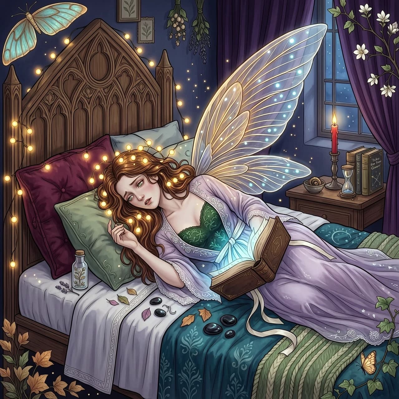 a woman in a fairy costume laying on a bed with fairy lights on her head and wings above her head, holding an ancient-looking book, a storybook illustration, Anne Stokes, fantasy style, fantasy art, (masterpiece, best quality:1.4),( absurdres, high resolution, ultra detailed:1.2) {we may all be machines just like you and in the end life is without meaning, dramatic lighting}, fantasy art, cinema 4d, matte painting, polished, beautiful, colorful, intricate, eldritch, ethereal, vibrant, surrealism, surrealism, vray, nvdia ray tracing, cryengine, magical, 4k, 8k, masterpiece, crystal, romanticism