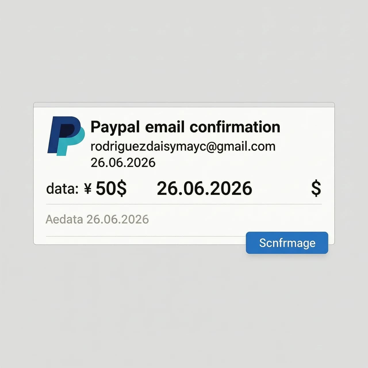 Paypal email confirmation по адресу rodriguezdaisymayc@gmail.com на сумму 50$ дата 26.06.2026