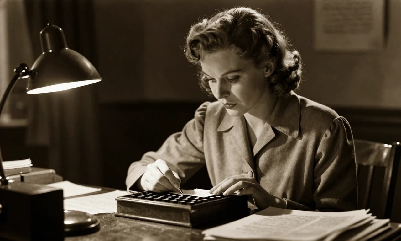 1940s woman at desk decoding messages with cipher book, focused expression, sepia tone, cinematic side lighting