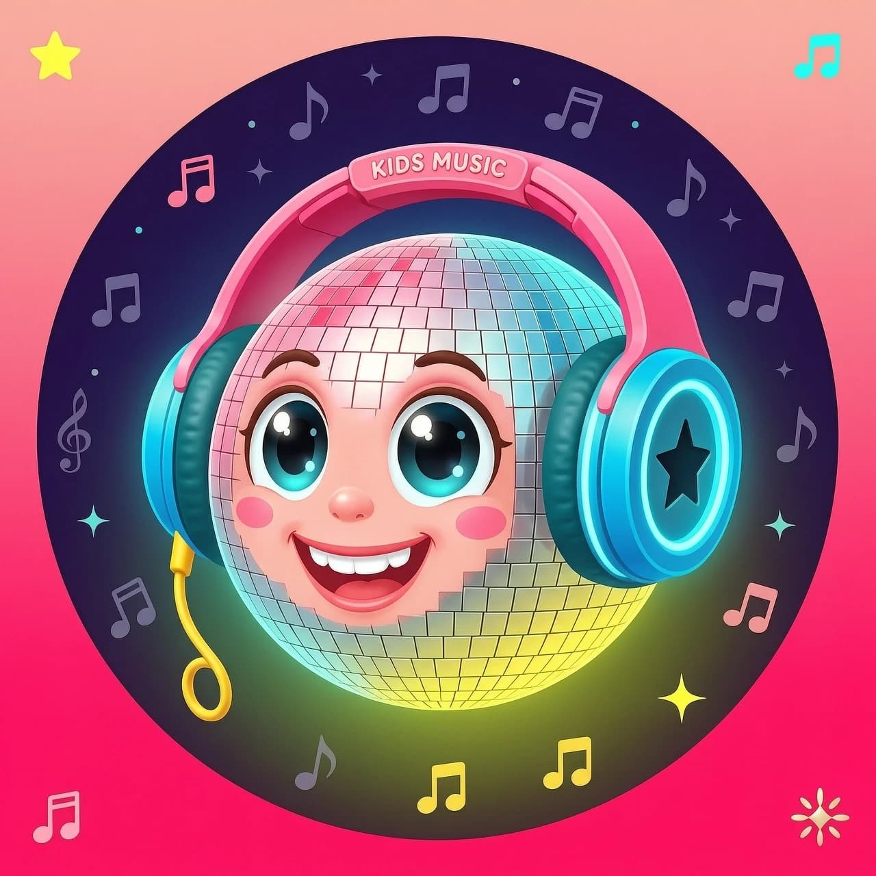 A minimalist, high-contrast circular avatar icon for a children's music channel. In the center, a cute 3D cartoon disco ball character with big friendly eyes and a happy smile, wearing big bright neon headphones. Vibrant neon pink, cyan, and yellow colors. Dark purple gradient background with subtle musical note silhouettes. Bold shapes, studio lighting, smooth 3D Pixar style. Zero tiny details, highly visible as a tiny mobile icon, clean composition.