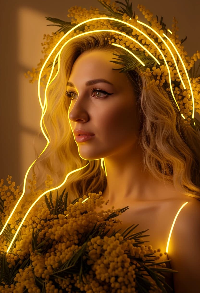 Detailed photo of the girl, with just a few minimal 8mm yellow LED neon lines as elegant accents on top of the flowers. Low density neon, simplified sparse light layout, large clean spaces between neon lines, only key contours are illuminated, bold single continuous tracks, perfect face preservation
