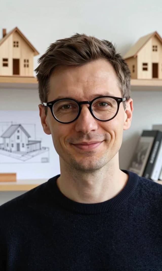 Close-up portrait of a modern talented architect, friendly Russian man in his 30s, smart and creative look, wearing stylish glasses and a neat dark sweater. In the background a modern bright architectural bureau office, soft blurred architectural drawings and high-end wooden house models on shelves. Realistic skin texture, soft natural lighting, photorealistic, highly detailed, 8k resolution.