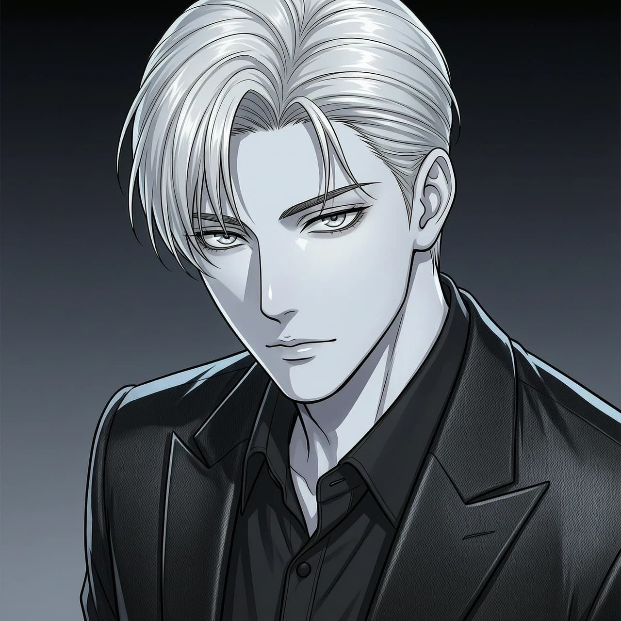 A stunningly handsome and elite 2D digital anime portrait, clean k-pop webtoon style, pristine manhwa aesthetic. A young dominant alpha crime boss with perfect smooth pale skin and ice-cold, sharp light grey eyes. He has an intense, arrogant glare, looking down with a heavy, dangerous aristocratic confidence. Flawless, neatly styled platinum blonde hair with elegant strands falling over his forehead. He wears a premium tailored pitch-black luxury suit and a black dress shirt. Moody cinematic studio lighting, deep elegant shadows, smooth clean background. Sophisticated, powerful and dominant aura, high society leader. Masterpiece, ultra-detailed.