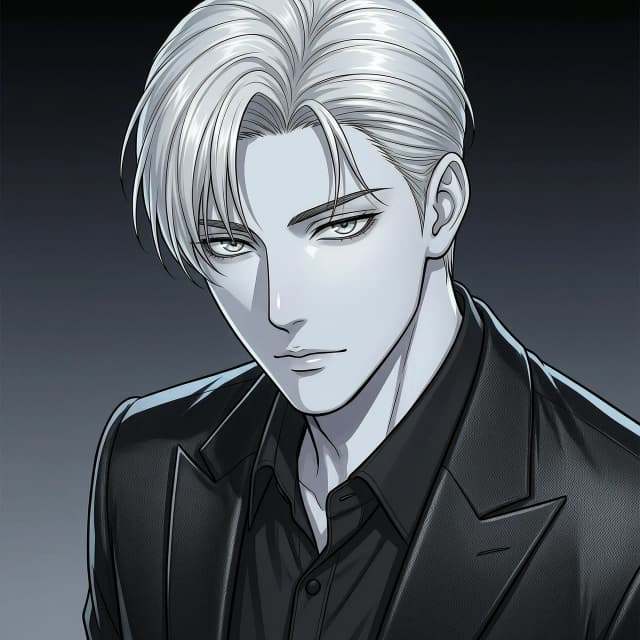 A stunningly handsome and elite 2D digital anime portrait, clean k-pop webtoon style, pristine manhwa aesthetic. A young dominant alpha crime boss with perfect smooth pale skin and ice-cold, sharp light grey eyes. He has an intense, arrogant glare, looking down with a heavy, dangerous aristocratic confidence. Flawless, neatly styled platinum blonde hair with elegant strands falling over his forehead. He wears a premium tailored pitch-black luxury suit and a black dress shirt. Moody cinematic studio lighting, deep elegant shadows, smooth clean background. Sophisticated, powerful and dominant aura, high society leader. Masterpiece, ultra-detailed.